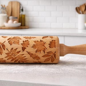 Autumn Leaves Embossed Rolling Pin – Beechwood Fall Keepsake, Rustic Decor