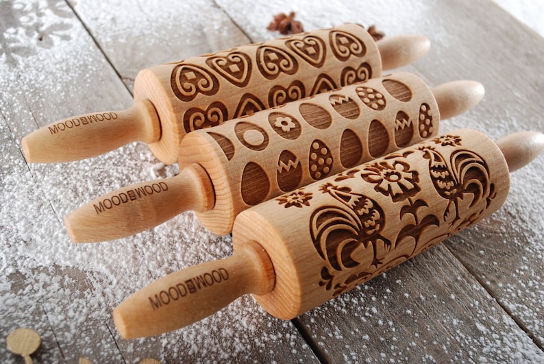 set of 3 MINI embossed engraved rolling pin for cookies EASTER MIX perfect gift idea