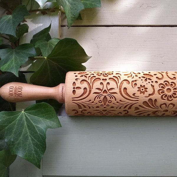 Rosemaling Embossed Rolling Pin - beech wood engraved roller for cookies, Norwegian folk art