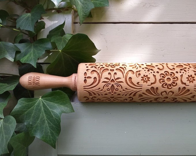 Rosemaling Embossed Rolling Pin - beech wood engraved roller for cookies, Norwegian folk art