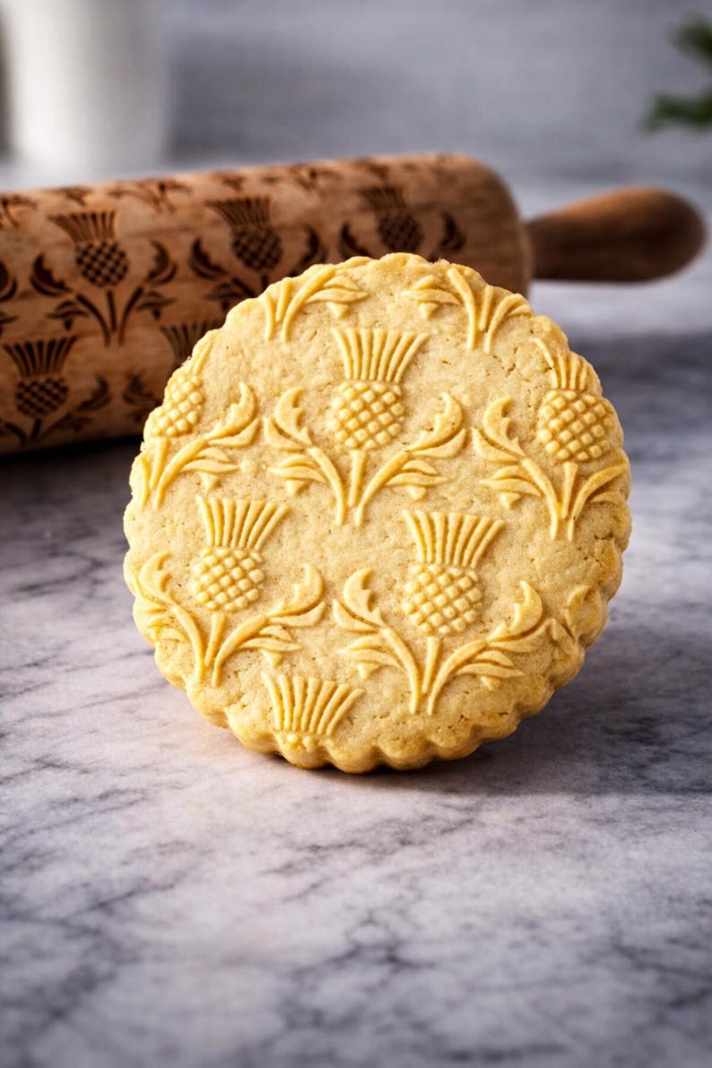 Close-up of a large, golden butter cookie with intricate embossed thistle pattern, sharply detailed and centered in the frame. The cookie fills most of the image, highlighting its crisp edges and textured surface. Behind it, a wooden engraved rolling pin with the same pattern is softly blurred, adding context without distraction. The scene is set on a light marble surface with a clean, neutral background. Soft natural lighting enhances the warm tones and depth, creating a premium