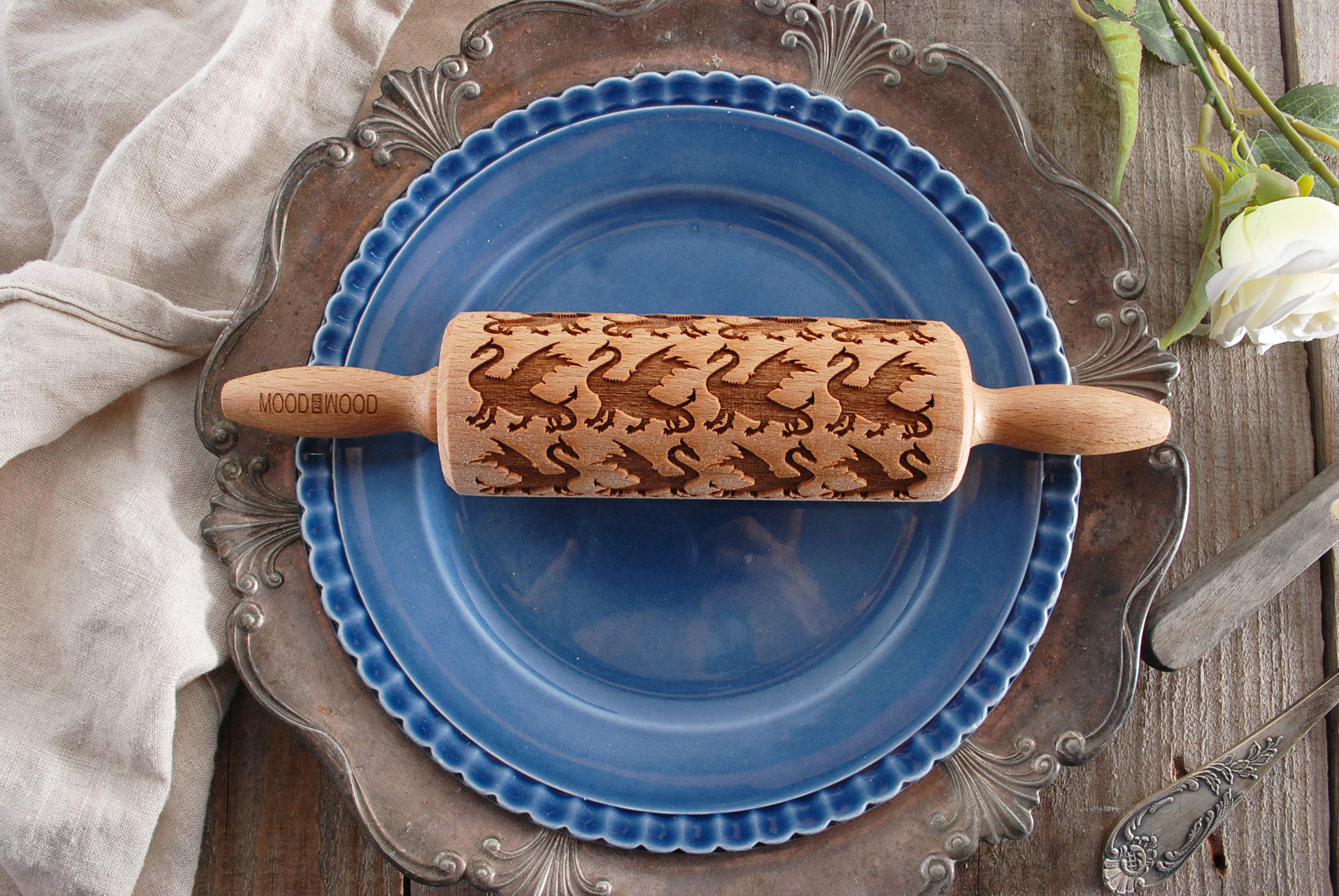 Dragons - Mini Rouleau à Pâtisserie en Gaufrage Pour Biscuits, Biscuits Relief, Cadeau de Noel Bois,