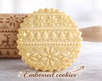 Rodillo para estampar suéteres noruegos: Rodillo grabado en madera de haya para galletas navideñas.