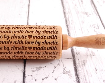 MADE WITH LOVE by... (horizontal style) - personalized, embossed, engraved rolling pin for cookies