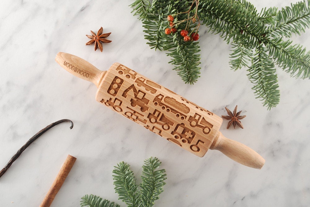 Vehicles - Mini Rouleau à Pâtisserie de Gaufrage Pour Les Biscuits, Laser Gravé, Bois Massif, Cadeau