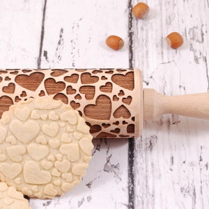 HEARTS embossing rolling pin for cookies, embossed biscuits, wooden Christmas present, Mothers Day gift, laser engraved VALENTINE'S Day image 1