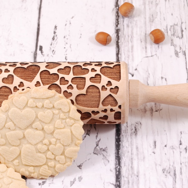 HEARTS - embossing rolling pin for cookies, embossed biscuits, wooden Christmas present, Mother’s Day gift, laser engraved - VALENTINE'S Day