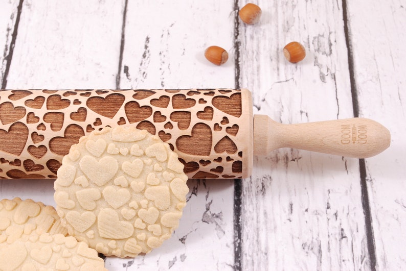 HEARTS embossing rolling pin for cookies, embossed biscuits, wooden Christmas present, Mothers Day gift, laser engraved VALENTINE'S Day image 1