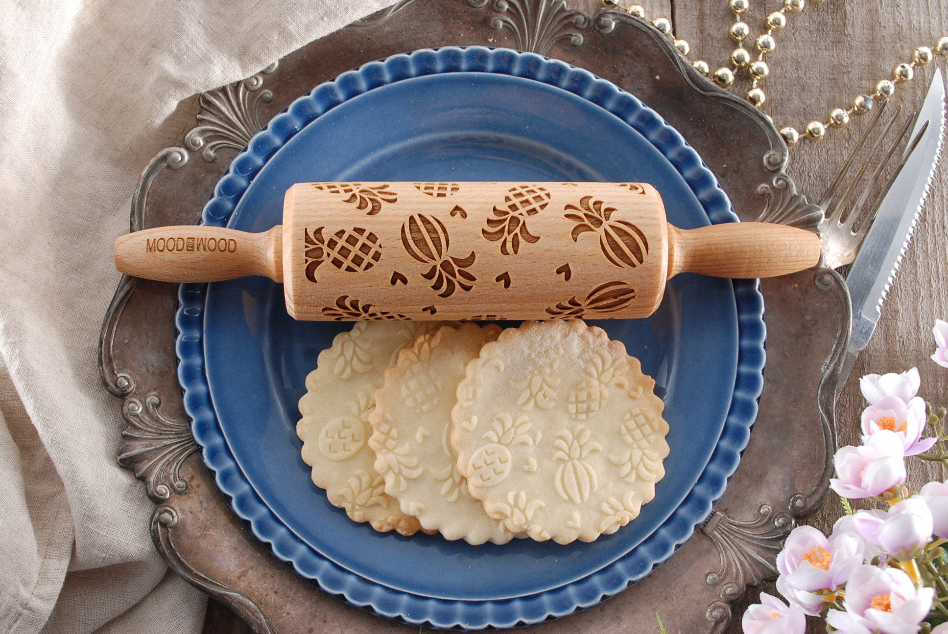 Pineapples - Mini Rouleau à Pâtisserie en Gaufrage Pour Biscuits, Laser Gravé, Bois Massif, Cadeau d