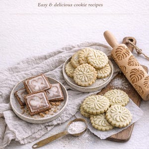 Puede incluir: Imagen de galletas variadas, un rodillo de madera con dise&ntilde;o de hojas y una cuchara medidora con harina. Las galletas est&aacute;n dispuestas en platos y una tabla de madera. Texto: "BAKING WITH EMBOSSED ROLLING PINS" y "Easy & delicious cookie recipes".
