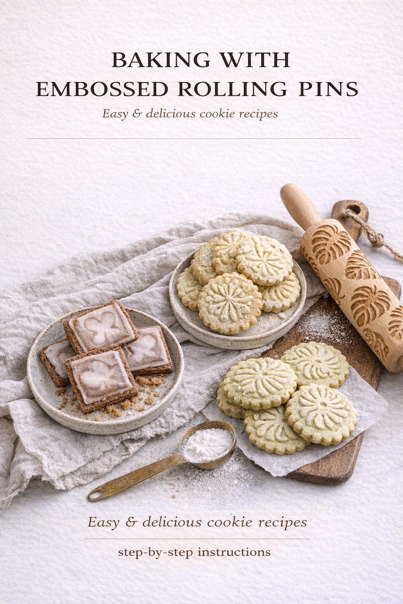 Puede incluir: Imagen de galletas variadas, un rodillo de madera con dise&ntilde;o de hojas y una cuchara medidora con harina. Las galletas est&aacute;n dispuestas en platos y una tabla de madera. Texto: "BAKING WITH EMBOSSED ROLLING PINS" y "Easy & delicious cookie recipes".