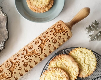 CHRISTMAS REINDEER - engraved rolling pin for cookies - perfect gift idea, floral, organic, natural, Christmas gift idea, Mother&#39;s Day gift