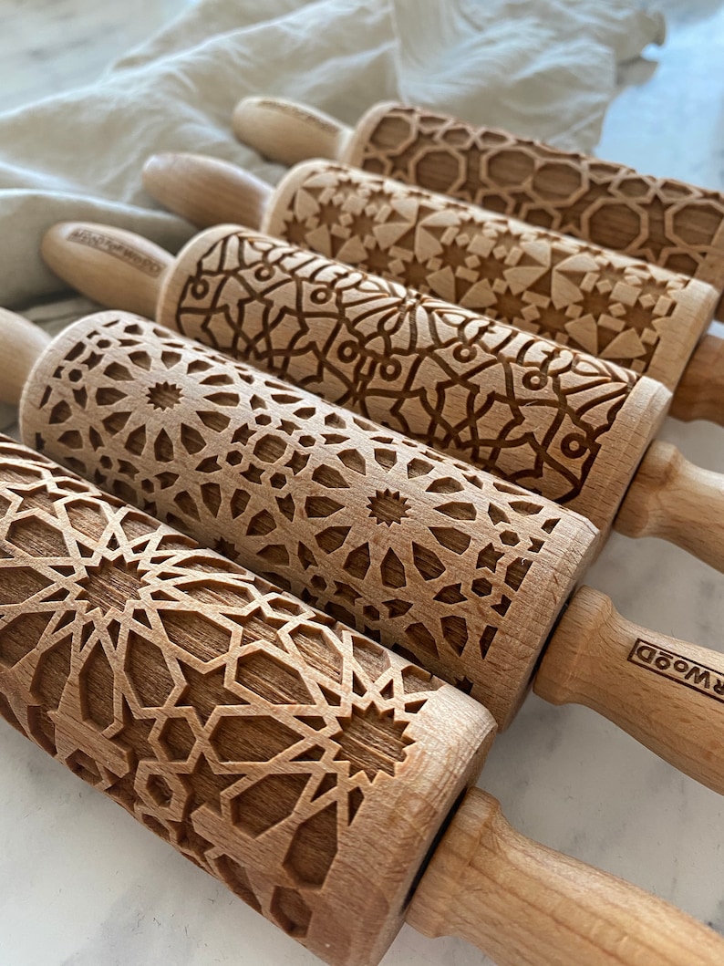 MOSAIC PATTERNS set of 5 MINI embossed, engraved rolling pin for cookies perfect gift idea, Mother's Day gift idea image 2