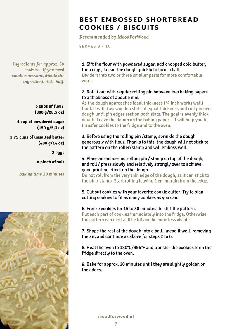 May include: Recipe for embossed shortbread cookies with ingredients listed in cups, ounces, and grams. The recipe includes instructions for rolling the dough, cutting out cookies, and baking. The image also shows finished cookies with embossed text.