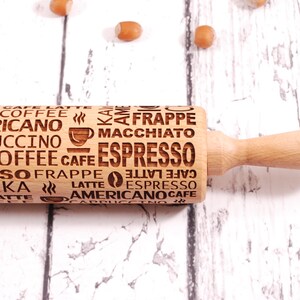 Espresso Engraved Rolling Pin: Beech Wood Coffee Lover Gift