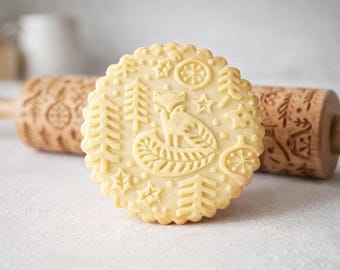 Rodillo de amasar grabado: Galletas navideñas folclóricas escandinavas, molde de madera de haya