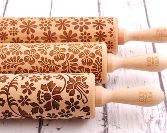 FLORAL - set of 3 embossed,embossing rolling pin for cookies, embossed biscuits, wooden Christmas present, Mother’s Day gift, laser engraved