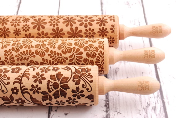 Floral Embossed Rolling Pin Set: Flower Homeware, Mother's Day Gift for Grandma