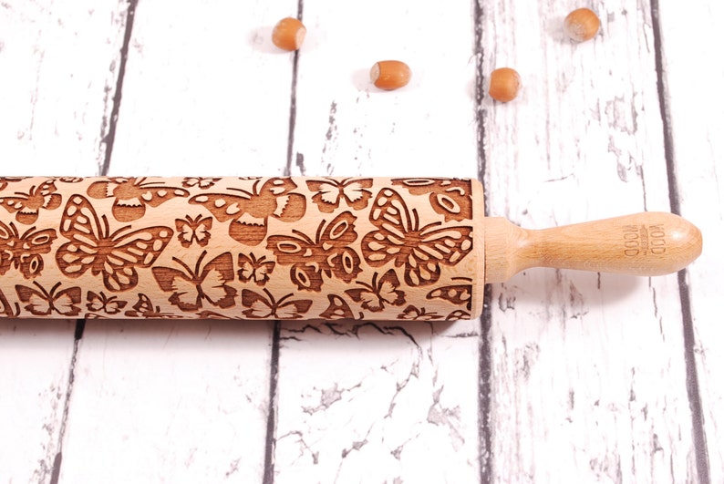BUTTERFLIES embossing rolling pin for cookies, embossed biscuits, Christmas gift, Mothers Day, laser engraved, solid wood ,butterflies image 1