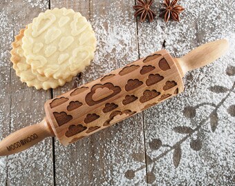 Clouds Embossed Rolling Pin: Beech Wood Cookie Stamp