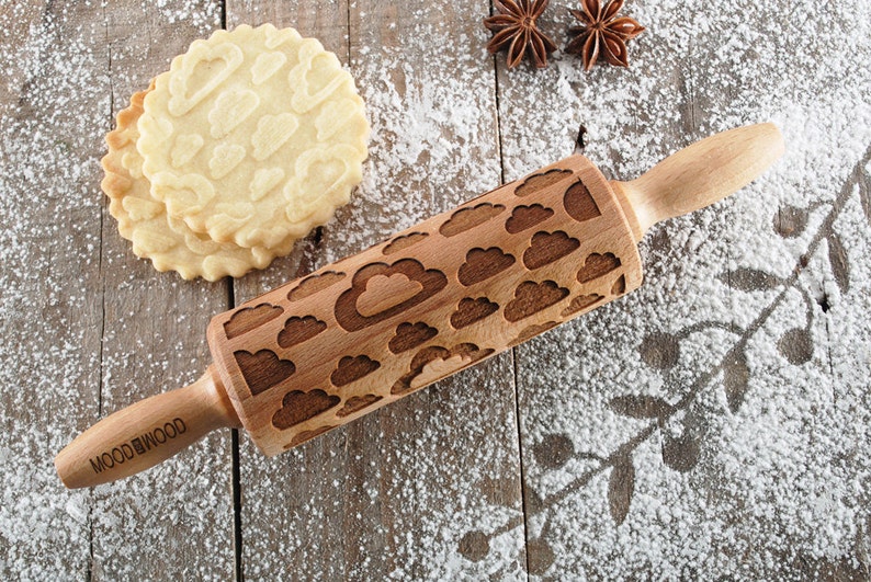 CLOUDS MINI embossing rolling pin for cookies, embossed biscuits, Christmas, Mothers Day, laser engraved, solid wood image 1