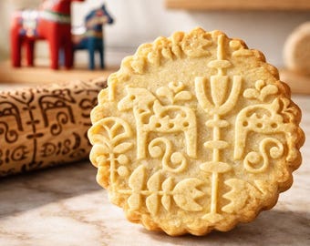 Dala Horse Embossed Rolling Pin, Swedish Cookie Stamp, Scandinavian Baking Tool, Christmas Cookie Mold, Folk Pattern Roller