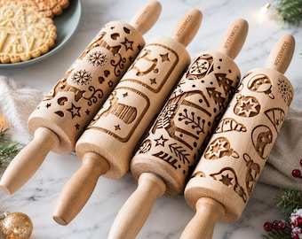 Christmas Embossed Rolling Pin Set – Engraved Wooden Cookie Rollers for Holiday Baking | Christmas Gift for Bakers