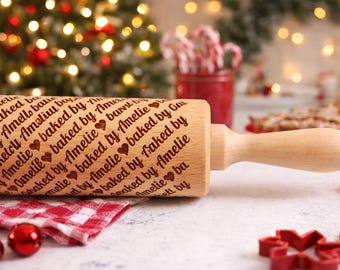Personalized Christmas Rolling Pin – Custom “Baked by” Engraved Roller – Family Holiday Baking Gift