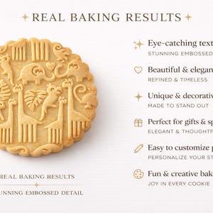 An elegant promotional graphic showcasing a safari-pattern embossed cookie made with a decorative rolling pin. On the left, a detailed relief features animals and botanical elements, while on the right there is a list of product benefits: eye-catching texture, beautiful and elegant appearance, unique designs, perfect for gifts, and easy customization. The overall design is clean, bright, and minimalist.