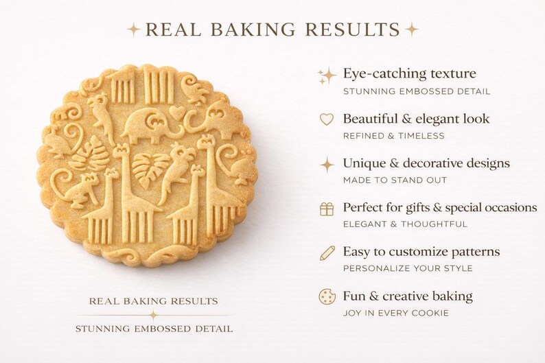 An elegant promotional graphic showcasing a safari-pattern embossed cookie made with a decorative rolling pin. On the left, a detailed relief features animals and botanical elements, while on the right there is a list of product benefits: eye-catching texture, beautiful and elegant appearance, unique designs, perfect for gifts, and easy customization. The overall design is clean, bright, and minimalist.