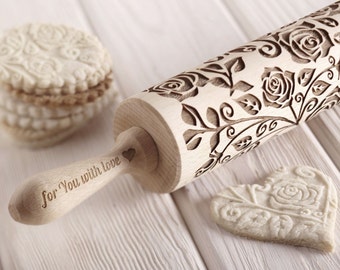 ROSES - embossed, engraved rolling pin for cookies - perfect Valentine&#39;s day idea - Mother&#39;s Day idea