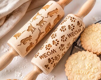 Personalized Cat Rolling Pin Set – Embossed Cookie Stamp Roller with Paw Print & Meow Design, Wooden Baking Gift for Cat Lovers