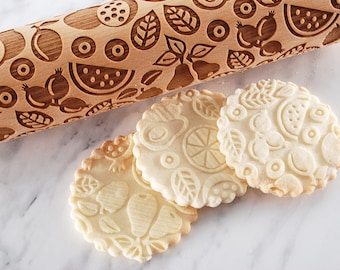 Fruit Embossed Rolling Pin: Engraved Beech Wood, Rustic Kitchen Decor