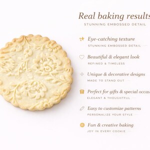 Minimalist promotional graphic featuring a round embossed cookie with an intricate floral pattern on a soft, light background. Elegant typography highlights “Real baking results” and key benefits such as stunning embossed detail, eye-catching texture, and refined, timeless design. The layout emphasizes decorative baking, personalized patterns, and gift appeal, making it ideal for engraved rolling pins, custom cookies, and creative baking tools on Etsy.