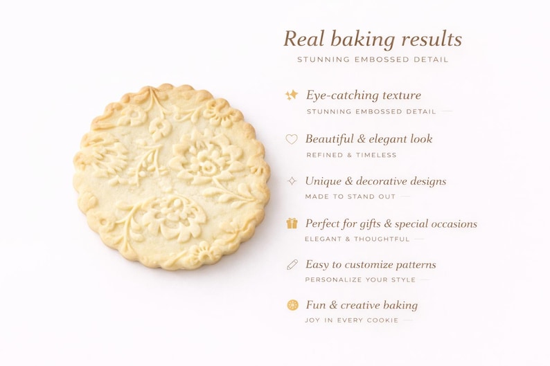 Minimalist promotional graphic featuring a round embossed cookie with an intricate floral pattern on a soft, light background. Elegant typography highlights “Real baking results” and key benefits such as stunning embossed detail, eye-catching texture, and refined, timeless design. The layout emphasizes decorative baking, personalized patterns, and gift appeal, making it ideal for engraved rolling pins, custom cookies, and creative baking tools on Etsy.