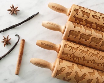 FARM ANIMALS - set of 4 MINI embossing rolling pins for cookies, embossed biscuits, wooden Christmas present, Mother’s Day gift, engraved