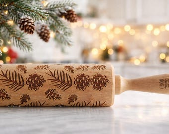 Christmas Engraved Rolling Pin, Pine Cone Embossed Cookie Roller, Holiday Gift for Baker