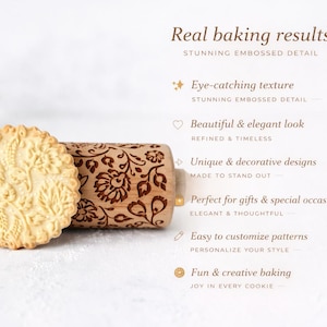 Minimalist product graphic showing an engraved wooden rolling pin with a detailed floral pattern and a matching embossed cookie. Elegant typography highlights “Real baking results” and key benefits like stunning embossed detail, decorative design, and personalization. Clean, light background and soft shadows create a premium look, ideal for Etsy SEO targeting custom rolling pins, embossed cookies, baking tools, personalized gifts, and decorative baking accessories.