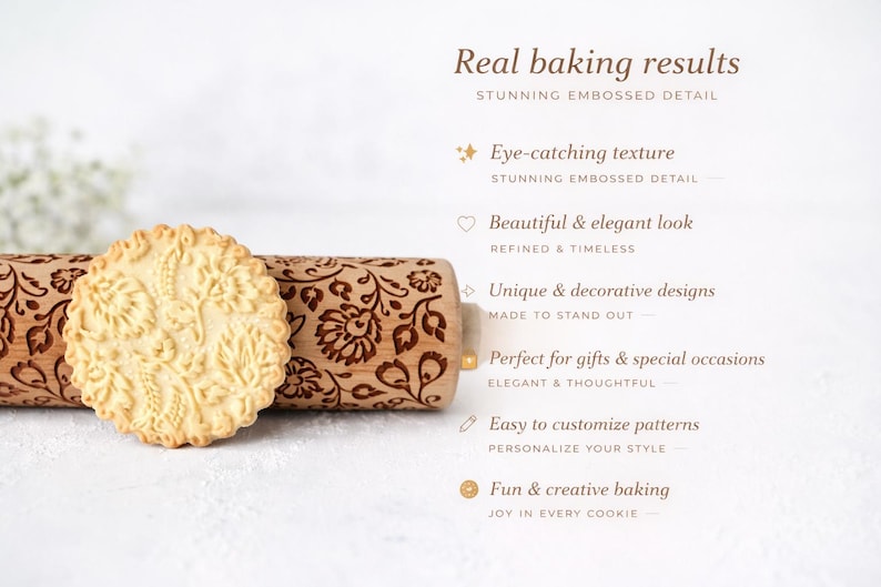 Minimalist product graphic showing an engraved wooden rolling pin with a detailed floral pattern and a matching embossed cookie. Elegant typography highlights “Real baking results” and key benefits like stunning embossed detail, decorative design, and personalization. Clean, light background and soft shadows create a premium look, ideal for Etsy SEO targeting custom rolling pins, embossed cookies, baking tools, personalized gifts, and decorative baking accessories.