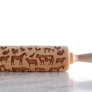 FARM ANIMALS - engraved rolling pin for cookies - perfect gift idea, floral, organic, natural, Christmas gift idea, Mother's Day gift idea