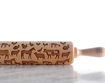Farm Animal Rolling Pin: Engraved Beech Wood, Rustic Cookie Baking