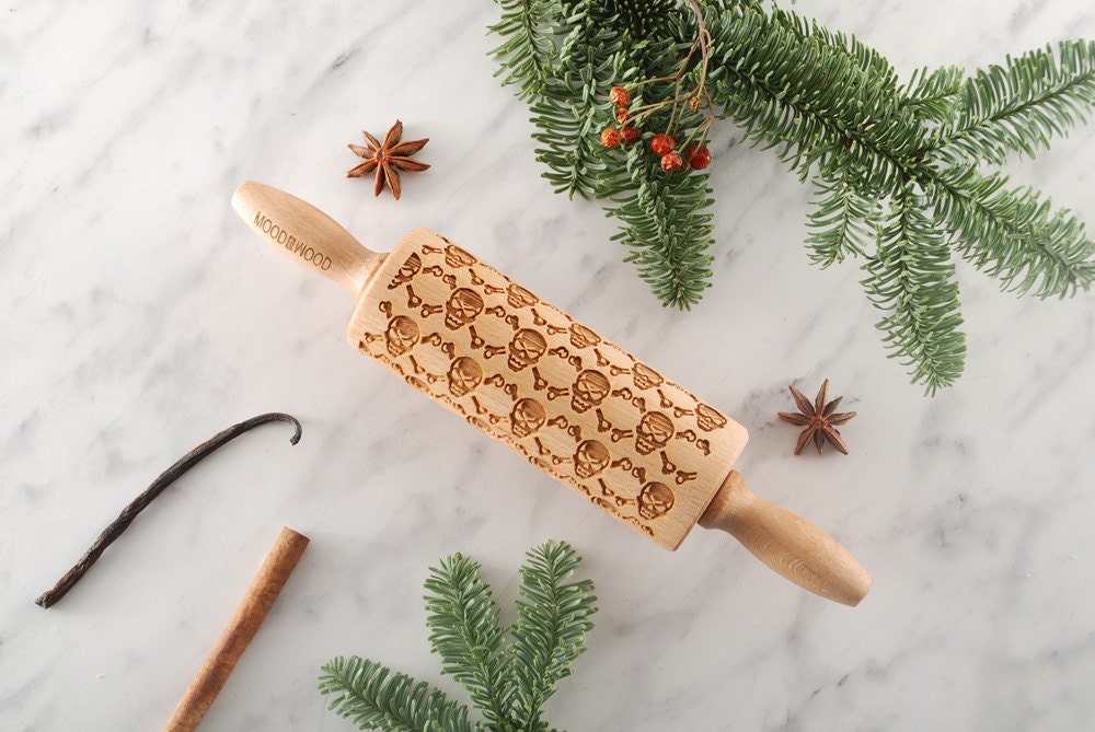 Skulls | Style Maléfique - Mini Gaufrage Rouleau à Pâtisserie Pour Les Biscuits, Laser Gravé, Bois M