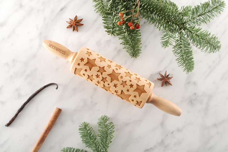 STARS MINI embossing rolling pin for cookies, laser engraved, solid wood, perfect Christmas gift, Mothers Day gift, sky, heaven, Christmas image 1