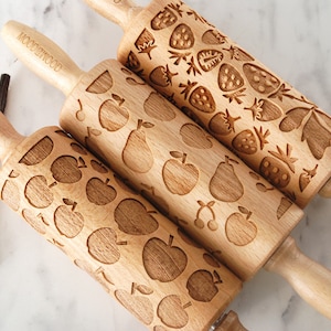 FRUITS - set of 3 MINI embossed, engraved rolling pin for cookies - perfect gift idea