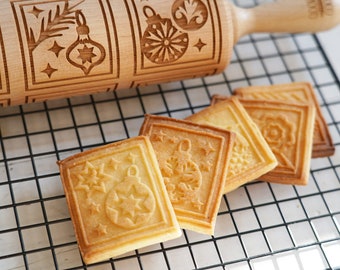 CHRISTMAS BAUBLES THEME – embossing rolling pin for cookies, laser engraved, solid wood, Christmas gift, Mother’s Day present, baubles