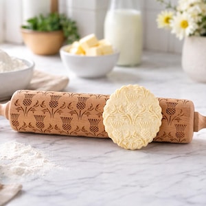 Scottish thistle embossed rolling pin in beechwood – handmade cookie pattern tool image 5