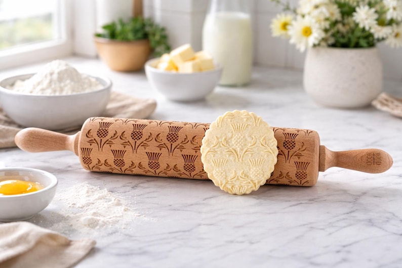 Scottish thistle embossed rolling pin in beechwood – handmade cookie pattern tool image 5