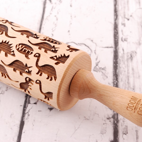 DINOS - embossing rolling pin for cookies, embossed biscuits, wooden Christmas present, Mother’s Day gift, laser engraved