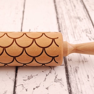 Scallop Engraved Rolling Pin, Embossed Cookie Rolling Pin, Decorative Baking Roller, Wooden Rolling Pin, Fish Scale Pattern