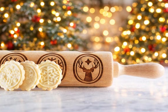 Winter Medallion Engraved Rolling Pin, Christmas Embossed Cookie Roller, Holiday Baking Gift